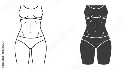 Minimalist Line and Solid Silhouette of Female Body Shape, Front View, Black and Gray on White Background