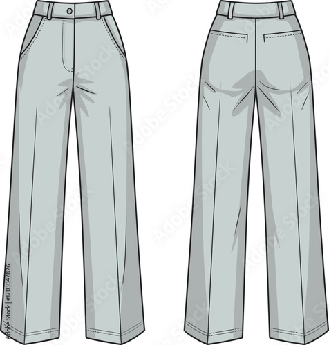 Trousers template, front and back view, CAD fashion drawing, flat vector illustration, clothing mockup, garment design, technical sketch, stylish pants