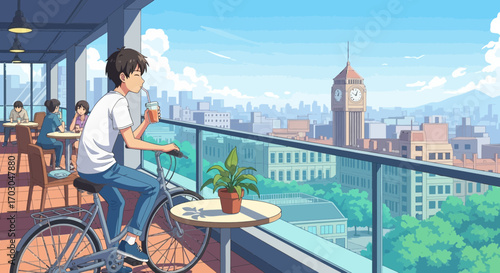Anime style illustration of a young man enjoying a drink on a bicycle overlooking the cityscape