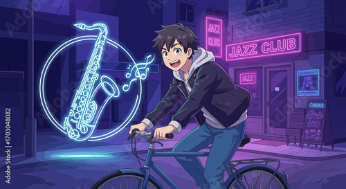 Anime-style illustration of a young man riding a bicycle past a vibrant jazz club at night