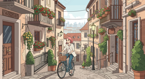 Charming Cartoon of a Woman Cycling Through a Quaint European Town Streetscape
