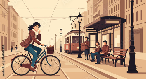Charming city scene with a cyclist tram and waiting passengers showcasing urban life and vintage