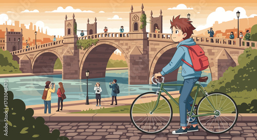 Charming Cartoon Scene of Young Cyclist Exploring a Historic City with Scenic Bridge