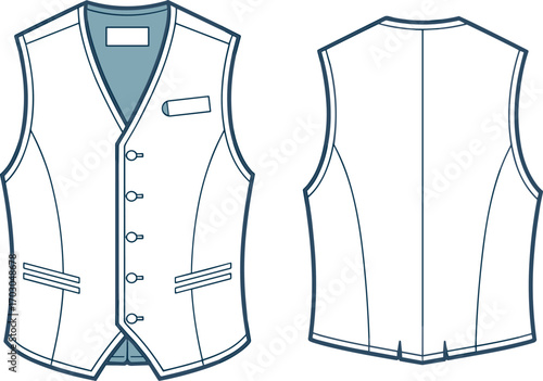 Waistcoat vector cad drawing, formal vest fashion flat sketch, men clothing template, tailored suit vest design, apparel outline illustration, sleeveless garment