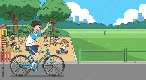 Illustration depicting a young man riding a bicycle in a park full of children playing joyfully