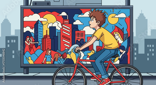 Illustration of a Boy Riding a Bicycle Past a Vibrant Billboard in a Cityscape with People