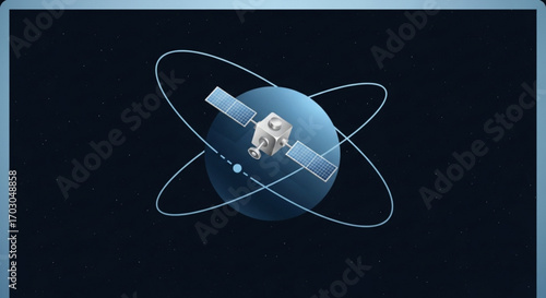 Satellite orbiting earth in space, representing global communication, technology, and exploration, ideal for illustrating connectivity and scientific advancement