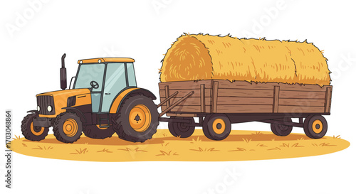 a tractor pulling a large hay bale on a farm