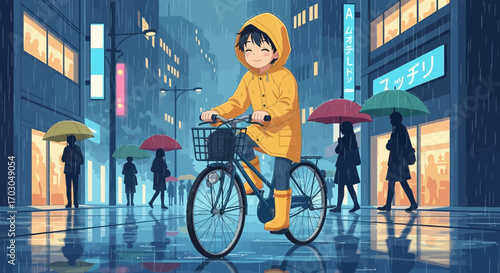 Joyful anime boy rides his bicycle during a rainy day in the city streets at night