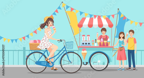 Summertime Fun: Cartoon Illustration of People Enjoying Ice Cream on a Sunny Day