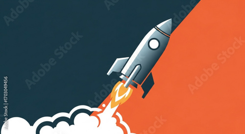 Illustration of a rocket launching into space with smoke and flames, symbolizing innovation, progress, and new beginnings