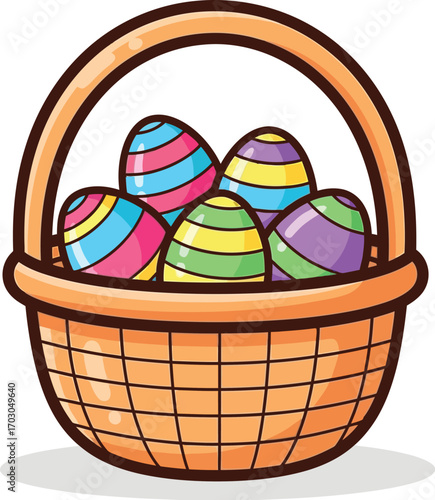 Colorful Easter Basket Filled with Patterned Eggs Cartoon Vector