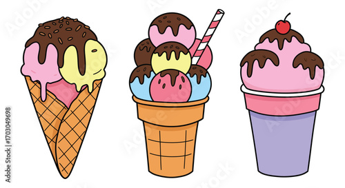 delicious ice cream cones with various flavors and toppings