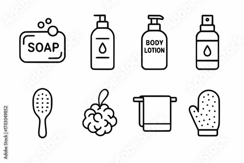 Minimalist line icons of body care and hygiene products