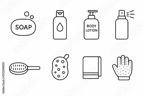 Minimalist line icons of body care and hygiene products