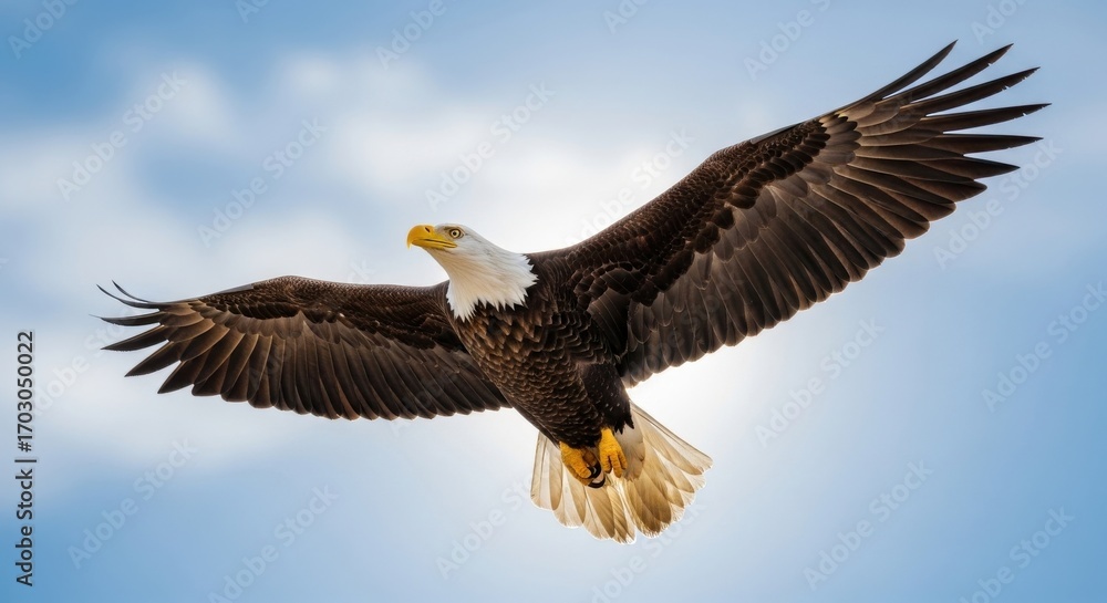 Fototapeta premium Majestic bald eagle soars through a sunny sky, wings spread wide in flight
