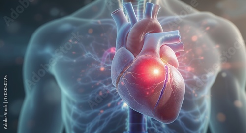Detailed 3D Render of a Human Heart with highlighted area showing potential problem, medical illustration, healthcare, anatomy