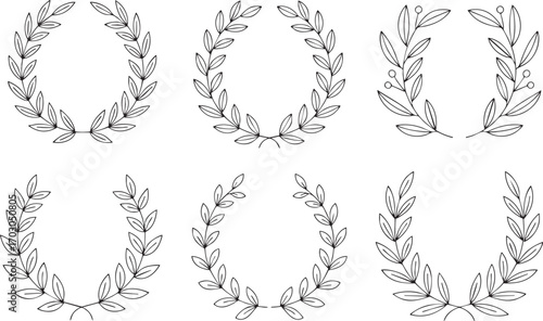 Six Laurel Wreath and Leafy Border Designs in Outline Style Keywords: laurel wreath, leaves, foliage, border, frame, circular, oval, award, victory