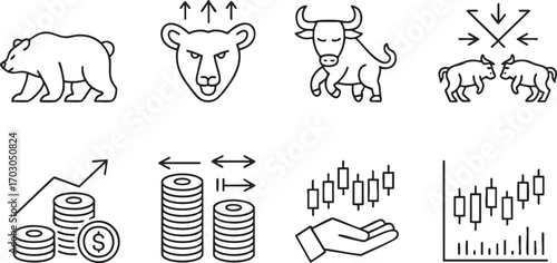 Stock Market Icons with Bull and Bear Symbols finance trading