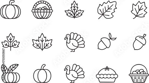 Thanksgiving themed icons including pumpkins, leaves, turkey, and pie Keywords: thanksgiving, icon, set, collection, pumpkin, gourd, leaf, maple leaf