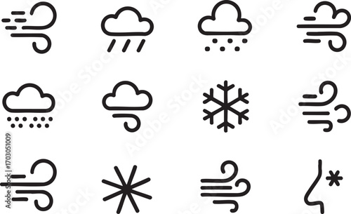 Weather icons depicting wind, rain, snow, and cold conditions vector illustration