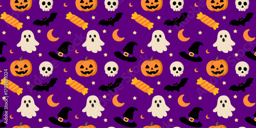 Halloween themed repeating pattern of pumpkins, ghosts, bats, skulls, and witch hats on a purple background.