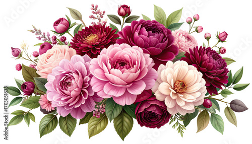 Detailed floral arrangement featuring vibrant pink, burgundy, and cream blossoms