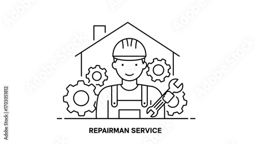 Minimalist Black Line Art Icon of Repairman with Wrench, Hardhat, and Gears