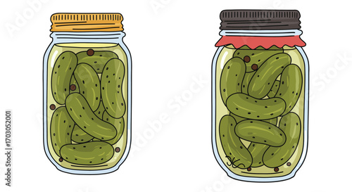 two glass jars filled with pickles sealed tightly