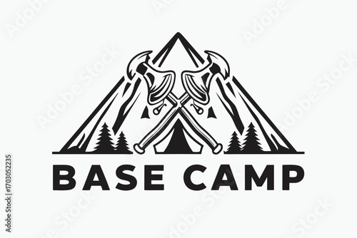 Base Camp Black Silhouette Emblem with Crossed Axes on White Background