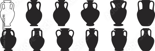 Ancient Greek vase silhouette vector icons, amphora illustrations, classic pottery shapes, antique ceramic vessel symbols for historical and cultural designs.