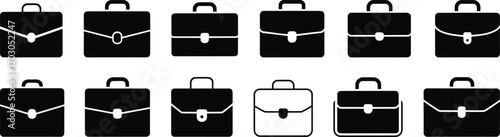 Business briefcase icon set, professional office bag silhouettes, corporate luggage vector, black and white symbols for work, documents, business.