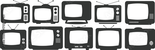 Retro television silhouette vector icons, vintage TV set illustrations, old analog screen designs, classic broadcast devices for nostalgic media concepts.