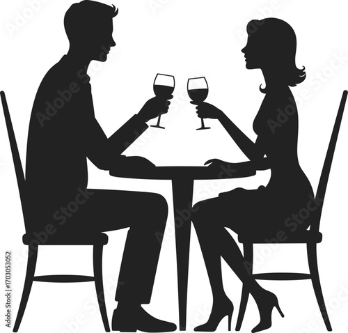 Romantic couple having dinner, man and woman drinking wine, date night vector illustration, love, relationship, dining, silhouette, celebration design