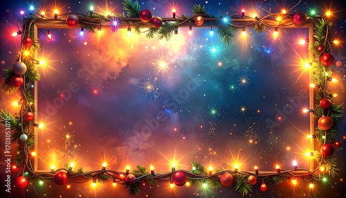 Christmas lights frame, starry night sky background
