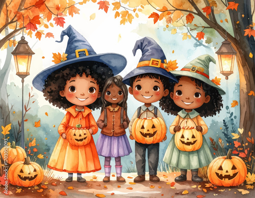  Group of children in festive Halloween costumes holding pumpkins in a colorful autumn setting.
