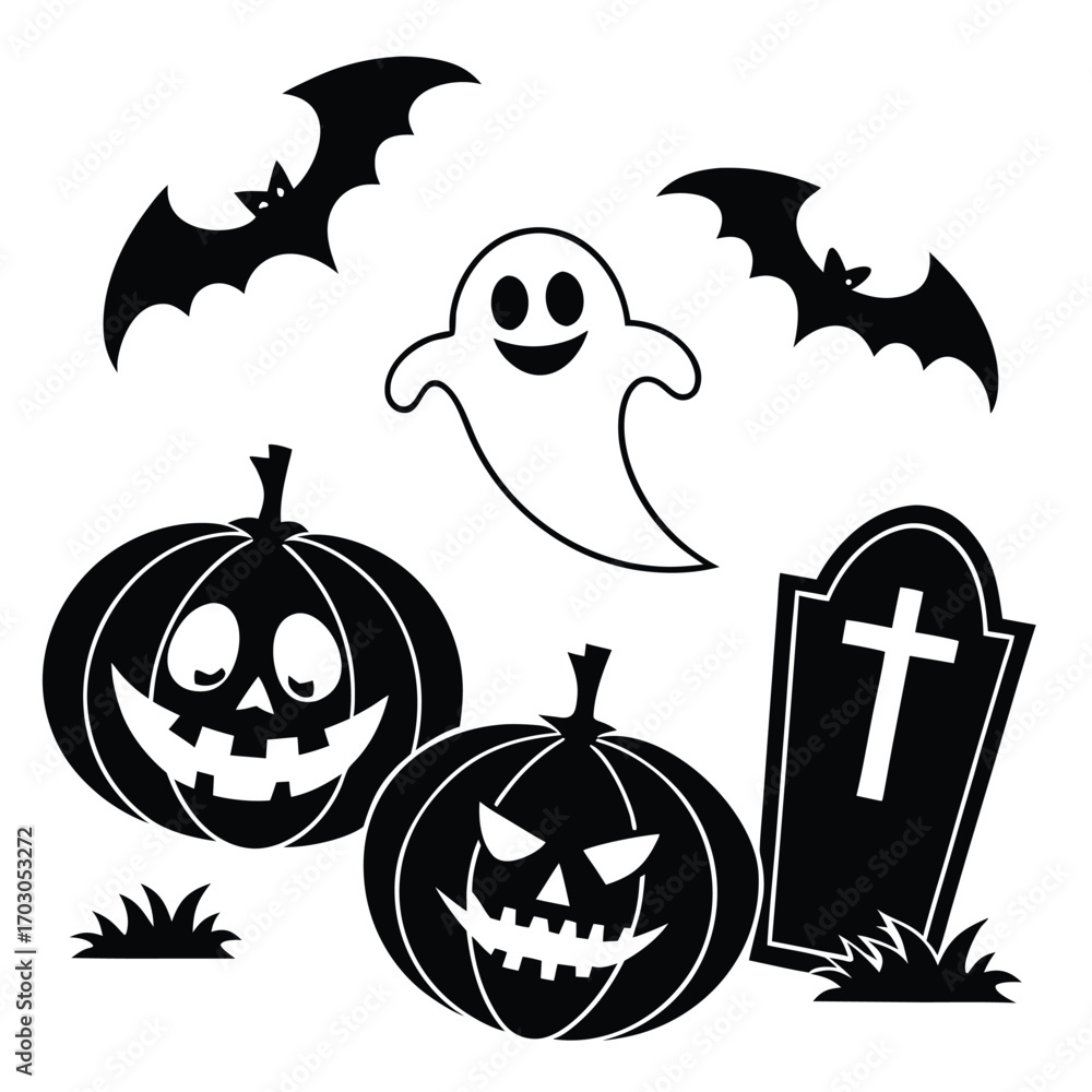 Fototapeta premium Black Silhouette Halloween Icons Including Two Bats Ghost Two Pumpkins and Tombstone vector illustration