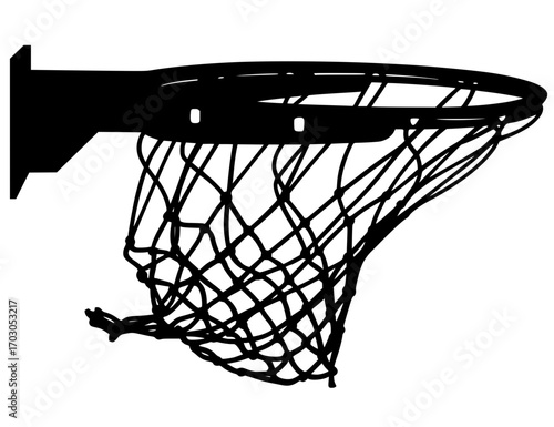 Black basketball hoop with net illustration. Simple line art drawing of basketball rim and hanging net for sports and recreation themes.