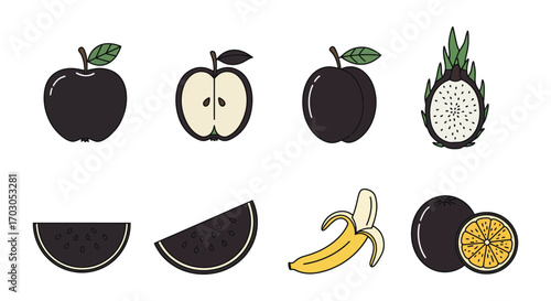 various fruits displayed whole and sliced showing interiors