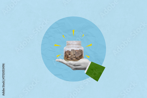 Investment, finance, invest and saving money concept. Creative art collage of a man hand hold glass jar with gold coins inside indicates increased savings