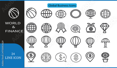 Global Business Line Icons Set  24 World, Finance, and Communication Outline Vector Icons for Corporate and International Design