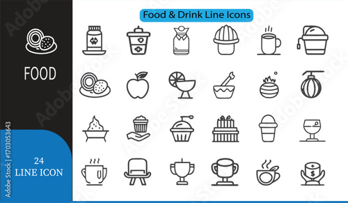 Food and Drink Line Icons Set  24 Outline Vector Icons for Restaurant, Cafe, and Kitchen Design