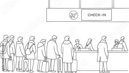 Airport check-in line drawing, travelers with luggage, airline queue, airport terminal illustration, flight preparation scene, black and white sketch