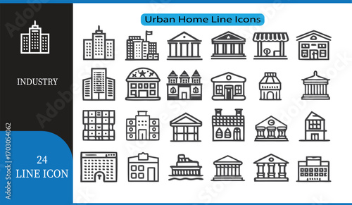 Urban Home and Building Line Icons Set  24 Outline Vector Icons for Real Estate, Architecture, and Construction Design