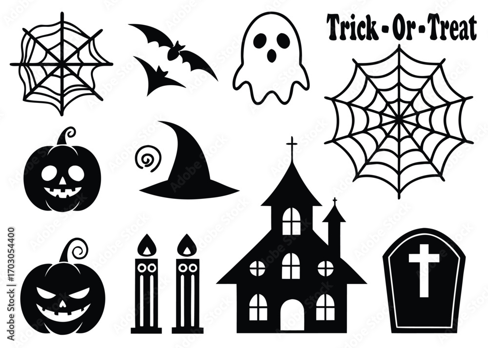 Obraz premium Halloween Icons Set with Spiderwebs Bats Ghost Witch Hat Pumpkins Candles Haunted House Tombstone and Text