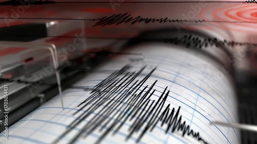 Seismograph machine recording seismic waves and earthquake tremors on grid paper, indicating ground movement and activity.