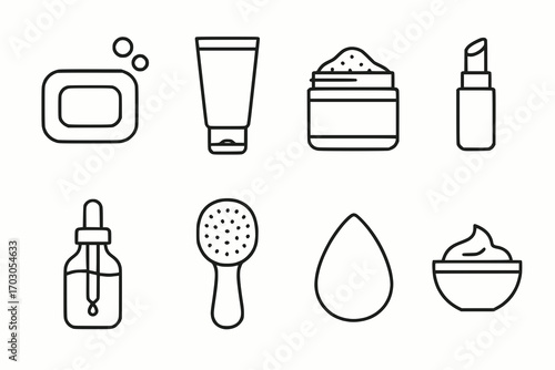Minimalist line icons of cosmetic and skincare products