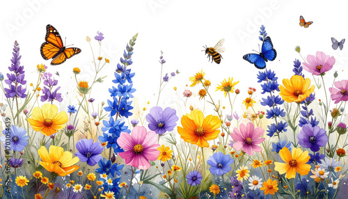 Vibrant meadow of wildflowers, butterflies flitting amidst blossoms