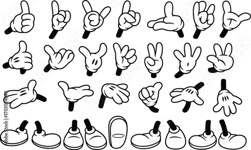 Cartoon glove hands and shoes collection, vector black and white style, thumbs up, peace sign, gestures, animation, icons, clipart