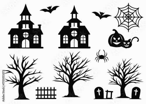 Halloween Silhouettes with Haunted Houses, Trees, Bats, Spiders, and Gravestones spooky dead tree
